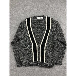 Vintage COSI Cardigan Sweater Womens Medium Black Gray Marled Stripe 80s 90s